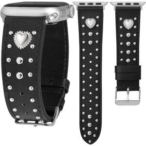NEW Black Studded Heart Charm Leather Luxury Apple Watch Band